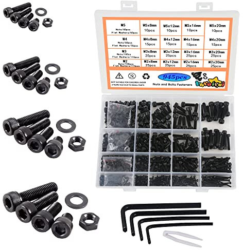 huruirui M2 M3 M4 M5 Muttern und Schrauben Unterlegscheiben Sortiertes Set, Schwarze Linsenkopfschrauben Innensechskantschrauben Kit, Gewindemaschine Sechskantschrauben Verschluss Kit 945Stück
