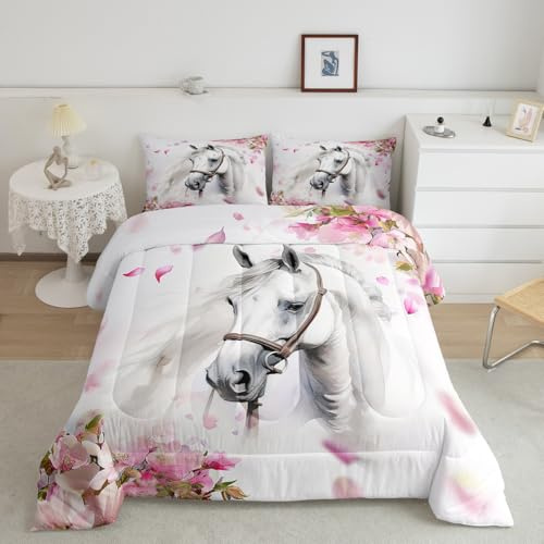 Erosebridal Set di biancheria da letto per ragazze con cavallo e due letti chic con fiori di ciliegio, per ragazzi e ragazzi al galoppo con cavallo bianco, inserto 3D con animali selvatici, trapunte,
