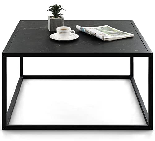 GOPLUS Couchtisch Marmor Optik, Wohnzimmertisch eckig mit Metallgestell, Beistelltisch Holz für Wohnzimmer, modernes Design, 70 cm x 70 cm x 40 cm (Schwarz)
