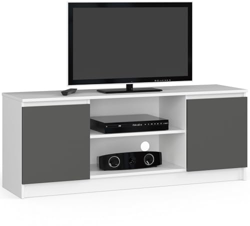 Mueble de TV AKORD Blanco 140 cm 2 puertas frente en color Grafito Gris 2 estantes 140x40x55 cm