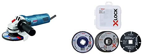 Bosch Professional Winkelschleifer GWS 750 (Scheiben-∅ 125 mm, Zusatzhandgriff, Zweilochschlüssel, im Karton) + 5tlg. X-LOCK Trennscheiben Schleifscheiben Set (Edelstahl, Metall, Ø 125 mm, Zubehör)