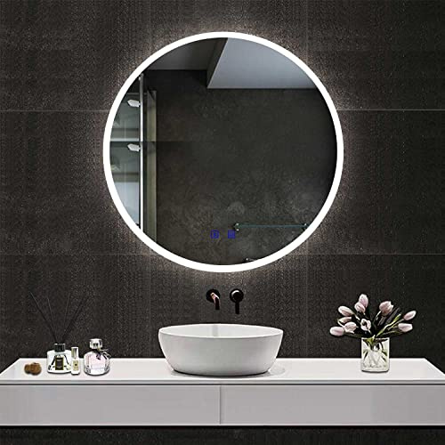 Acezanble Round Bathroom Mirror with 3 LED Lights, Bluetooth Speakers 80CM Illuminated Wall Mounted Circle Bathroom Mirrors Vanity Mirror Dimmable Switch 3 LED Colors Demister Pad IP44 Rated