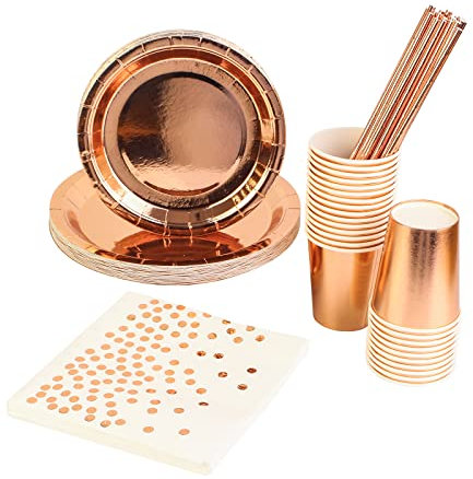 DHAIQC Lot De 125 Vaisselle Jetable Anniversaire Or Rose, Kit Vaisselles de Fête Assiette Papier Tasse Serviette Et Pailles Pour Enfants Party Fête Mariages Baby Shower, 25 Invités (Or Rose)