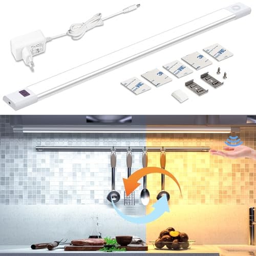 WOBANE Luz Led Cocina Bajo Mueble Regulable, 5 Colores Claros, 60cm Barra Luz Armario con Sensor sin Contacto, Luces Cocina Debajo Mueble con Enchufe 12V, Iluminación Led para Encimera, Estanteria