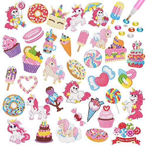 QCHMM Diamond Painting Sticker Set für Kinder, 36 Stücke DIY Einhorn Eiscreme Diamant Aufkleber Set, 5D Diamant Painting Kunst Mosaik Kits Geschenke Aufkleber Mädchen