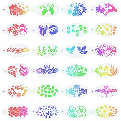 GORGECRAFT 24Stk Gesichtsbemalungsschablonen Körperbemalungsvorlage Weihnachtsthema Elch Weihnachtsmann Stechpalmenblätter Muster Wiederverwendbar Weiche Tattoo-Schablonen Für Cosplay Make-Up-Kunst