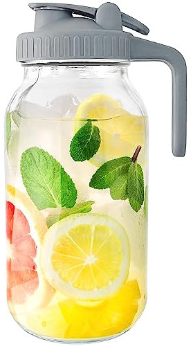 Glass Mason Jar Pitcher, 1800ml Wide Mouth Jug with Pour Spout Handle Lid for Cold Brew Coffee, Ice Beverage, Iced Juice, Lemonade, Sun Tea, Fruit Drinks Container