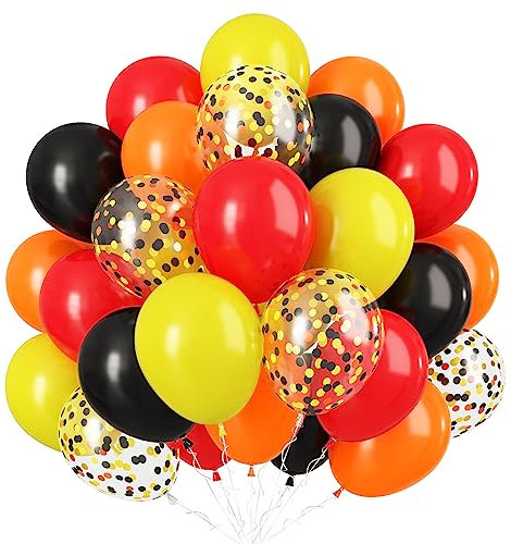 Luftballons Gelb Schwarz Orange Rot, 60 Stück 12 Zoll Rote Orange Schwarze Gelb Latexballon mit Konfetti Ballons, Schwarz Rot Orange Gelb Partyballons für Kinder Jungen Bauparty Geburtstag Dekoration