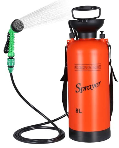 Finderomend Douche portable pour camping avec 7 modes de pulvérisation, douche de camping à pression manuelle avec tuyau amovible et pommeau de douche, kits de rinçage à pression de 8 L pour