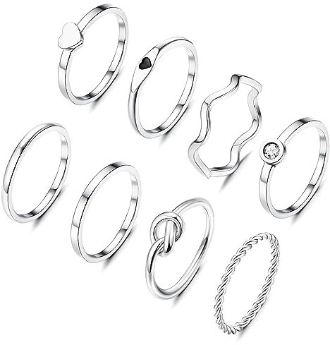 KALVICA 8 Stück 2mm Ring Set Silber/Gold für Damen Edelstahl Plain Dünn Herz Knoten Twist Ringe Set Minimalistisch Stapelbarer Daumen Knöchel Finger Ring