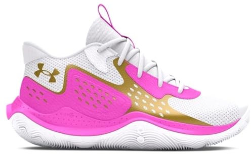 Under Armour Unisex Adult Jet '23 Basketball Shoe, (105) White/Vivid Magenta/Metallic Gold, 10.5 Women/9 Men