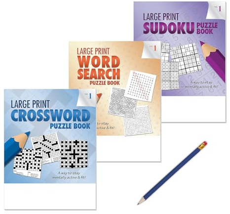 ZOCO - 25 Large Print Puzzle Book Gift Packs - Each Pack Includes (1) Word Search, (1) Crossword, (1) Sudoku, (1) Pencil - Handout & Promotional Item for Hospitals, Senior Centers | VOL. 1