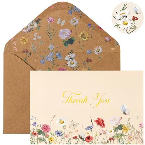 Crisky Dankeskarten im Vintage-Stil, Wildblumen-Design, Goldfolie, mit Umschlägen und Aufklebern, für Geburtstag, Babyparty, Brautparty, Hochzeit, Abschlussfeier, Geschäft, 50 Stück