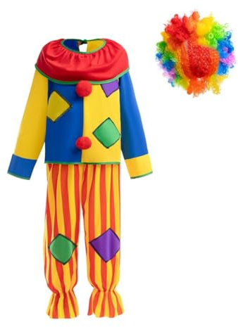 Lito Angels Zirkus Clown und Harlekin Kostüm Verkleidung mit Perücke oder Hut für Kinder Jungen und Mädchen Karneval Fasching Halloween Schulaufführung Kindergeburtstag Größe 5–13 Jahre