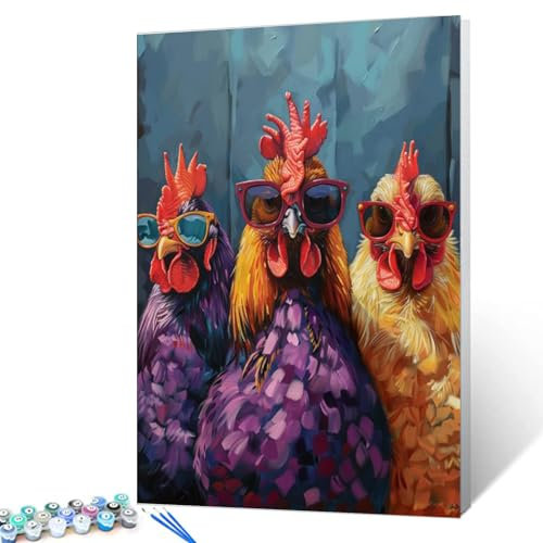 Oil Painting of Three Chickens Wearing Colorful Sunglasses Paint by Number for Adults Beginner Rustic Chickens DIY Digital Drawing Funny Farm Animals Picture for Home Decor Gift 16x20 inch (Frameless)