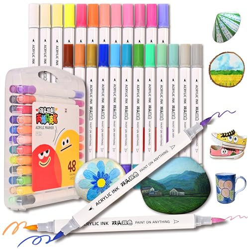 Feutre Marqueur Acrylique 48 Couleurs Peinture Stylo pour Galet Acrylic Paint Marker Pointe Fine Plastique Verre Ecrire Porcelaine sans Cuisson Bois Graffiti Papier Cailloux Textile Ceramique 1-5 mm