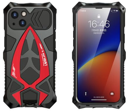 UFinetech for iPhone 13 Case, 6.1'' - Shockproof, Military-Grade, Heavy Duty Protection, Full-Body Rugged Cover for iPhone 13 with Tempered Glass Screen Protector, Metal Silicone Armor, Black Red