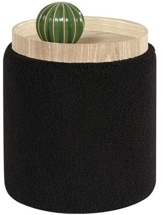 Bonlife Round Ottoman Coffee Table with Storage,Boucle Vanity Stool Chair for Makeup,Upholstered Footstool for Living Room,Bedroom,Black,34x34x38cm