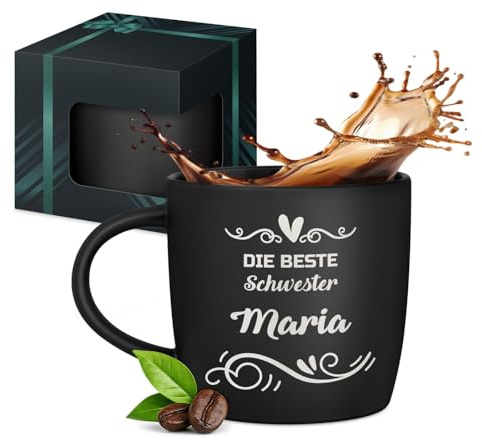Maverton Keramik Kaffeebecher 400ml mit Gravur - personalisierte Kaffeetasse aus Matt Keramik mit Henkel für Frauen zum Geburtstag zu Weihnachten - Trinkbecher matt schwarz - Innen schwarz - Schwester