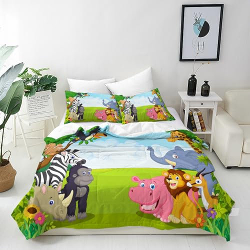 ANHOPE Safari Tiere Giraffe Löwe Bettwäsche Set Microfaser Bettbezüge mit Reißverschluss 2 Teilig Bettbezug 135x200 cm + Kissenbezug 80x80 cm Weich Bettdeckenbezug Set für Kinder Jungen Mädchen