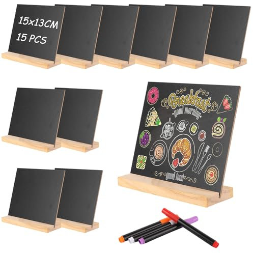 CYEER 15 Stück Kleine Tafeln zum Beschriften 15x13CM, Schiefertafel zum Beschriften, Doppelseitige Kreidetafel Klein, Kreidetafel Aufsteller für Preisschilder Buffettisch Geburtstag Hochzeit Party