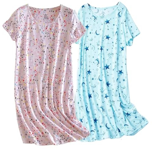 BERDITH 2 Pack Nighties for Women Nightdress Ladies Cotton Blend Nightie Soft Night Dress Womens T Shirt Nightdresses Summer Plus Size Nightwear Sleep & Lounge UK 14-16 Pink Mum Mummy