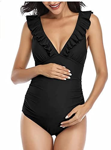 Costume da Bagno Gravidanza Donne Un Pezzo Bikini Maternità Scollo a V Costume da Bagno Incinta con Cuscino Petto Rimovibile Increspato Abbigliamento Spiaggia Piscina Fonte Termale Swimwear, Nero , M