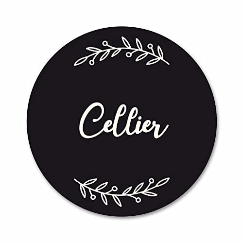 Plaque de Porte Cellier Autocollante PVC Gravé Noir Blanc Ronde. Décoration de Porte personnalisée,