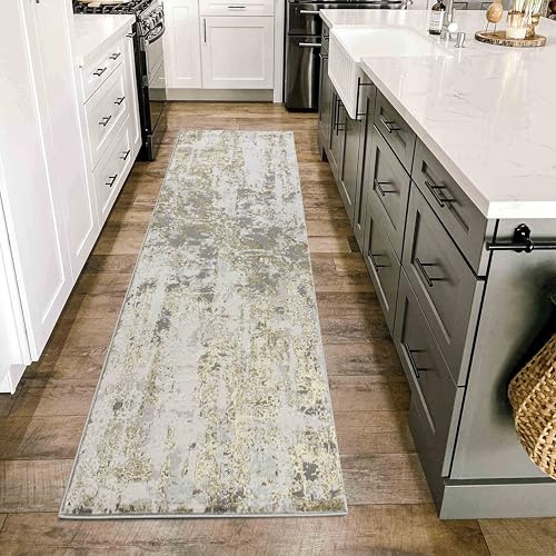 Emperor Metallic Abstract Modern Hallway Runner Rug, Gold, 60x220cm
