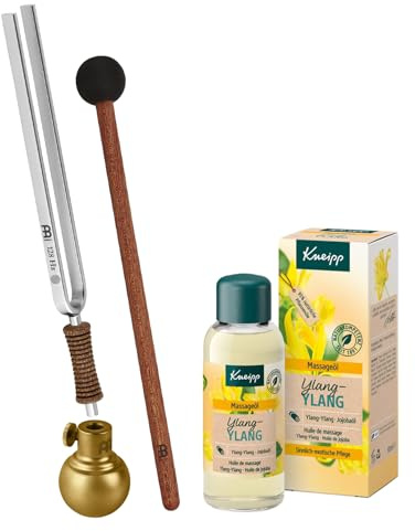 Sonic Energy Flower of Life Tuning Fork Massage Bundle (TF-OIL-BUNDLE) | 128 Hz, Ton C3, 21 cm lang, 86 g, in Deutschland gefertigt, Blume des Lebens, inkl. Hülle, Stimmgabel-Kugel, Schlägel & Öl