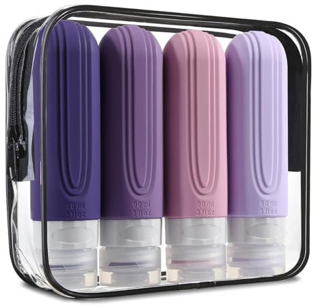 EssentiAll Sphere Juego de botellas de viaje de silicona con neceser transparente, 4 unidades, 90 ml, protección contra fugas, rellenables, aptas para equipaje de mano, sin BPA (gris lavanda)