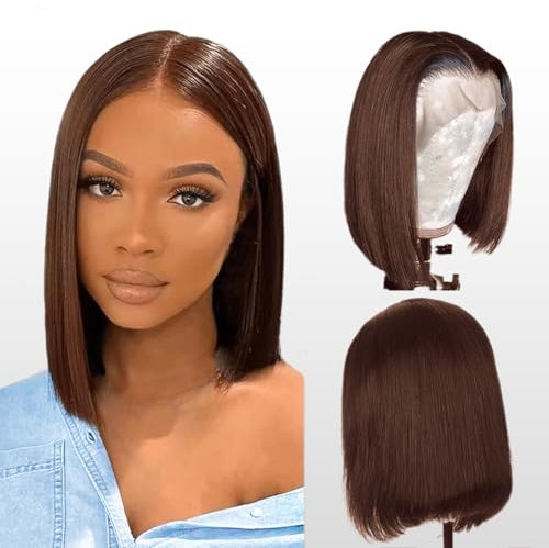 Lace Front Bob Wig Human Hair 13X4 Lace Front Wig Bob Lace Wig Brazilian Virgin Wig Human Hair 150% Density Echthaar Perücke Short Straight Bob Wigs Natural HD Transparent Chocolate Brown 16 Inch