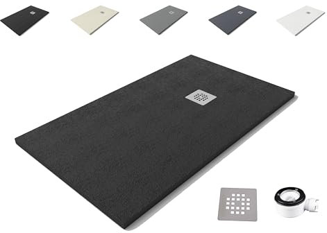 VAROBATH | Plato de Ducha NOLITA – Material Resina con Carga Mineral y Textura Pizarra Antideslizante C3 – Incluye Válvula Desagüe y Rejilla (NEGRO RAL-9005, 70X180)