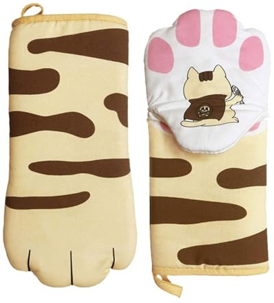 WUNZILO 1 Paar Backhandschuhe bis zu 250 °C Hitzebeständige Ofenhandschuhe Baumwolle Grillenhandschuhe BBQ Topfhandschuhe Topflappen Küchenhandschuhe Kochhandschuhe, Katze Motiv