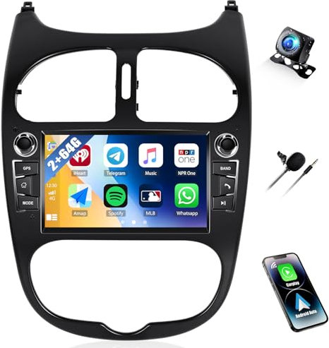 2G+64GB CAMECHO Android 13 Autoradio für Citroen C2 Peugeot 206 mit Navi Carplay Android Auto Wireless, Double Din mit 7-Zoll Bildschirm mit RDS/FM MirrorLink Bluetooth DSP+AHD Rückfahrkamera