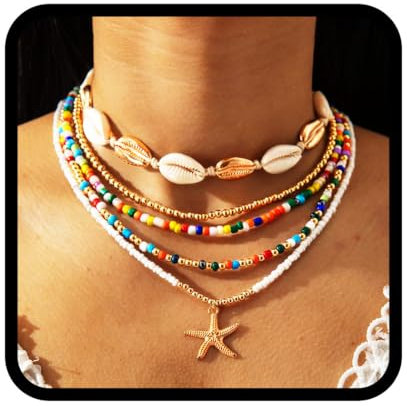 Collar bohemio con cuentas en capas y gargantilla de concha dorada, colgante de estrella de mar para mujer, talla única