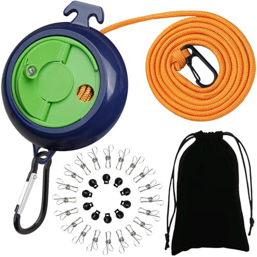 ZONSUSE Stendibiancheria Estensibile,Filo Stendibiancheria per Esterno,10m Filo Retrattile Antigroviglio,10 Fibbie di Fissaggio 20 Clip Antivento,Per Balcone Campeggio Viaggio Accessori (Verde-B)