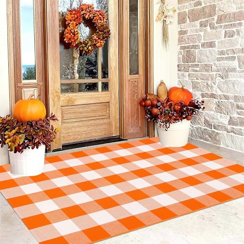Outdoor-Teppich, 90 x 150 cm, Bauernhaus, Halloween, Veranda-Teppich, Orange und Weiß | Baumwollteppich, gewebt, waschbar, Büffelkaro, Herbstschichtteppich für Eingangsbereich