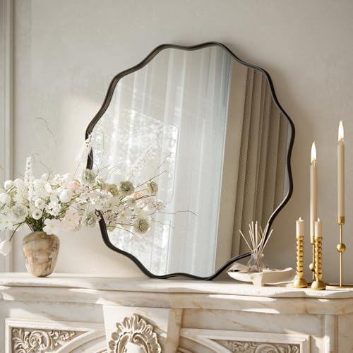 Koonmi großer runder Spiegel mit gewellter Kante, 50 cm Wandspiegel mit Strukturiertem Metallrahmen, zum Aufhängen oder Anstellen an die Wand, für Badezimmer, Eingangsbereich, Wohnzimmer, Schwarz