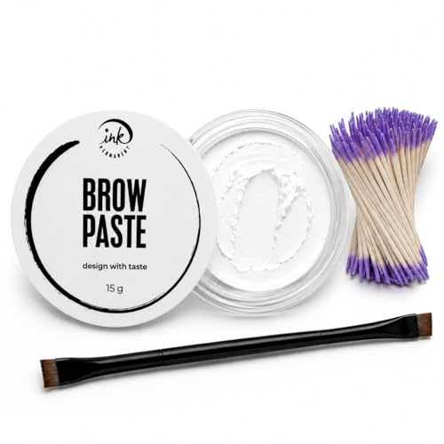 Ink Permanent White Brow Mapping Paste Dual Brush Cotton Swabs PMU | White contour paste for high contrast, dual-sided brush for application, cotton swabs for correction.