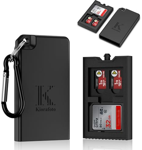 Pop-up Kartenetui für 2 SD SDHC SDXC & 4 TF MicroSD MSD Karten mit Karabinerhaken, Tragbarer, Stoßfester und Spritzwassergeschützter Aufbewahrungsbehälter für Micro SD Karten
