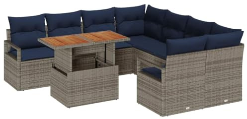 vidaXL Garten Essgruppe mit Kissen 9 pcs Grau und Marineblau, Garten- und Terrassenmöbelset, modularer Outdoor-Sofa, Leichter Tisch, UV-beständig, Rattan-Lounge