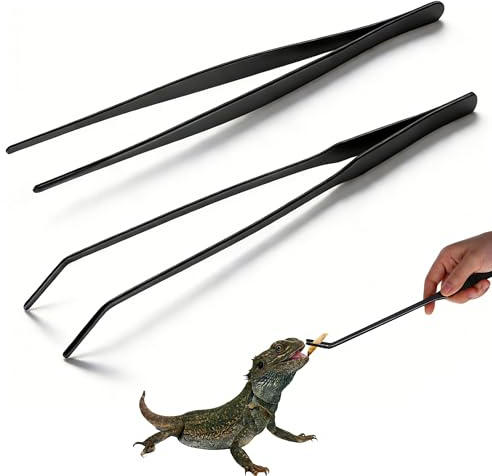 Aquarium Pinzette Set Edelstahl Lange Reptilien Futterzange Futterpinzette Fütterungspinzette, 27cm Gerade und Gebogene Spitze Pinzette Schützende Finger für Reptilien, Wasserpflanze, Schwarz, 2 Stück