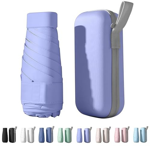 AYEUPZ Mini paraguas compacto de viaje, doble costilla para mayor estabilidad, mini paraguas de 6 costillas para cartera con funda, paraguas pequeño compacto UV, protección solar