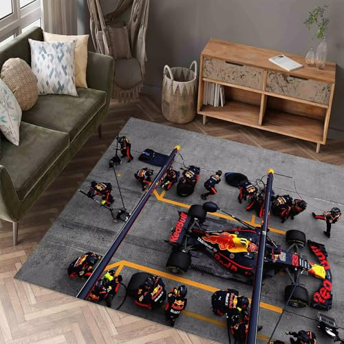 Formel 1 Rennwagenteppich, B 120 × L 170 cm, Extremsportbereich, waschbarer Teppich für Teenager, Jungen, rutschfest, Spielbereich, Teppiche für Jungen, Schlafzimmer, Wohnzimmer, Spielzimmer, Rot Gelb