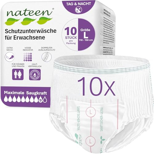Nateen Flexi Ultra Windelhosen für Frauen und Männer – Windeln für Erwachsene mit maximaler Saugkraft, sicherem Auslaufschutz und atmungsaktivem Komfort, Tag & Nacht, Größe L, 10 Stück