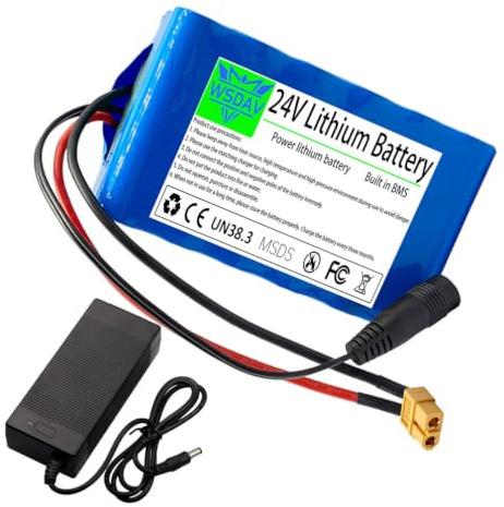 WSDAV Lithium-Akkupack 24V Ersatzakku mit Ladegerät | 24-V-Lithium-Akku, Akku, blaues PVC-Gehäuse, Anschluss: DC+XT60