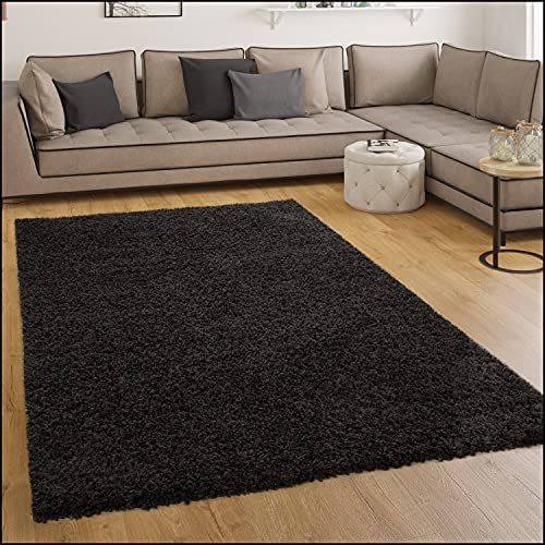Paco Home Tappeto Shaggy/A Pelo Alto/A Pelo Lungo/Tappeto A Tinta Unita In Nero, Dimensione:Ø 80 cm tondo