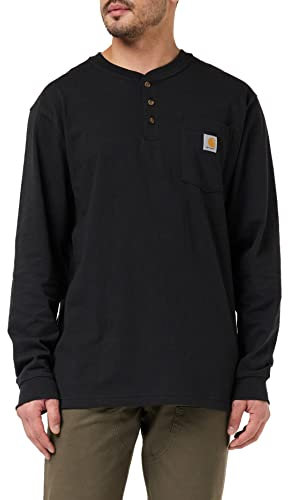 Carhartt Herren Loose Fit, schweres, langärmliges Pocket Henley-T-Shirt, Schwarz, L