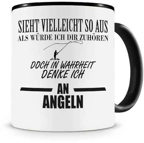 Samunshi® Ich denke an Angeln Tasse Kaffeetasse Teetasse Kaffeepott Kaffeebecher Becher H:95mm/D:82mm schwarz